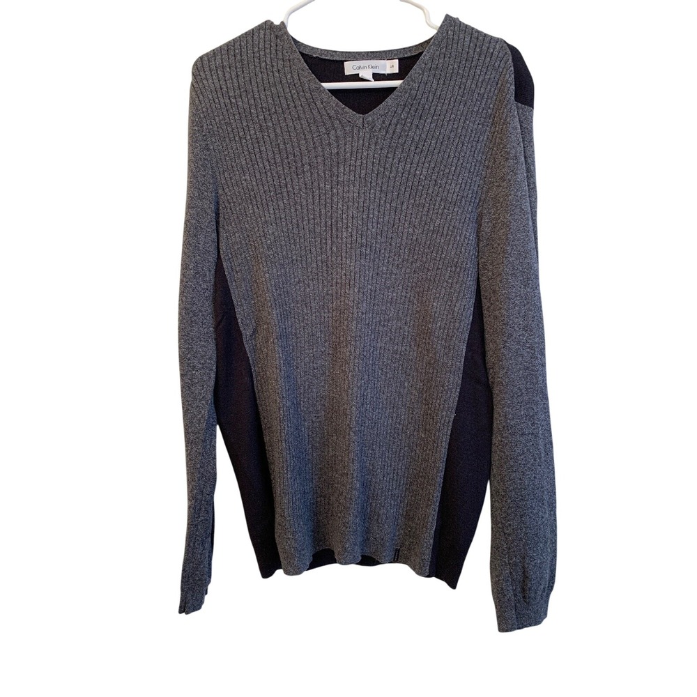 Large Calvin‎ Klein Men's V-Neck Gray and Black Sweater Cotton Modal Blend